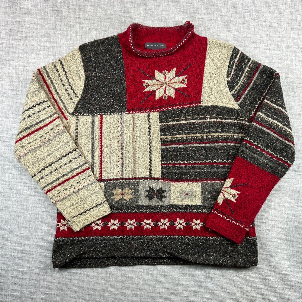 VTG 90s Northern Isles Patchwork Mock Neck Sweater Women L Nordic Cottagecore